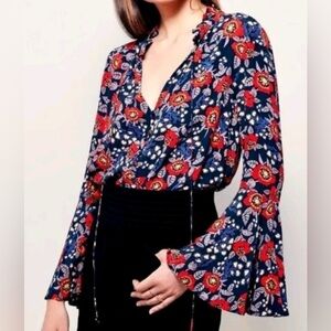 Free People Floral Boho Blouse Bell Sleeve Tie Neck Top Women’s Size Medium